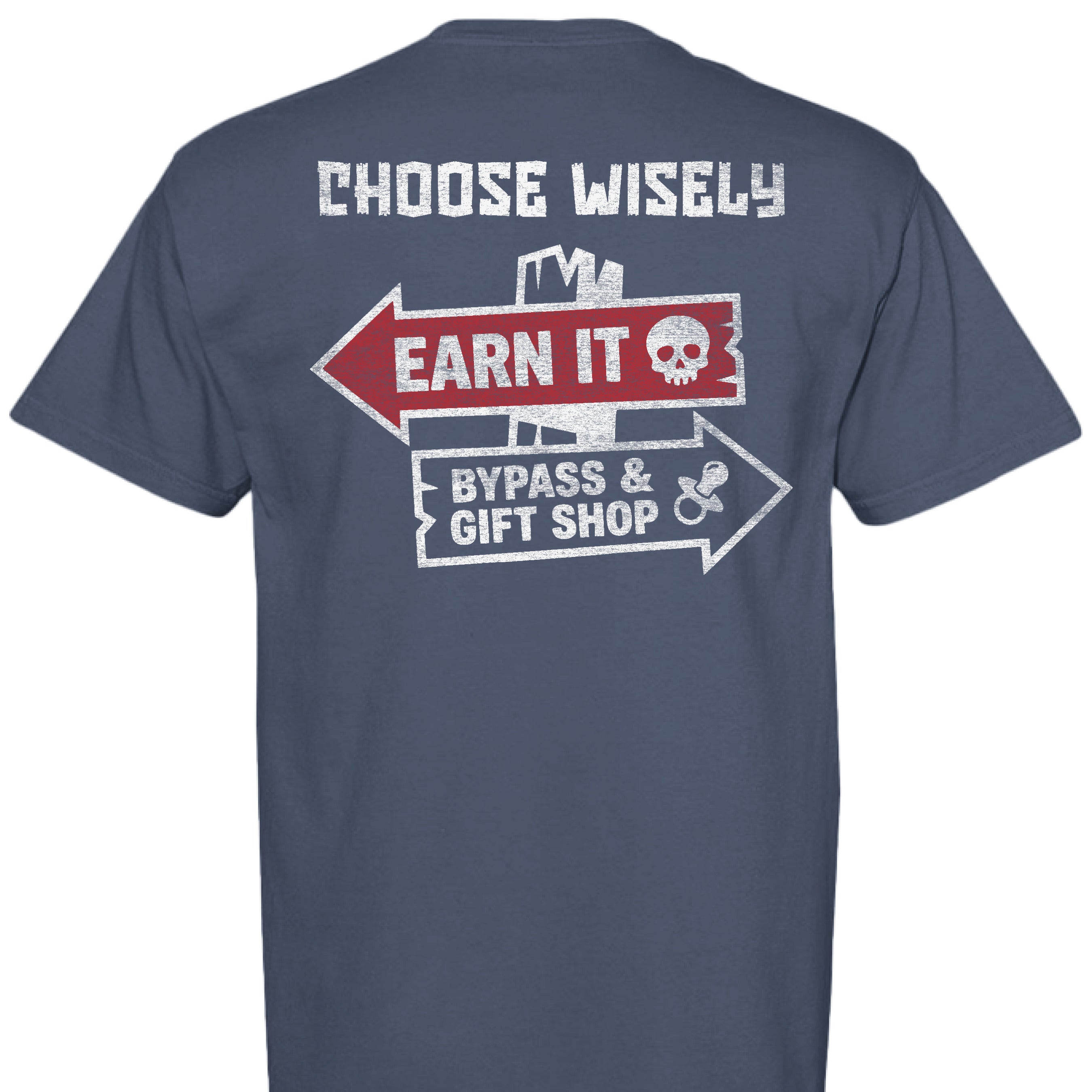 ARI Choose Wisely T-shirt, featuring a bold, weathered off-road graphic. Premium, soft-washed, garment-dyed cotton tee for trail enthusiasts. - CHINA BLUE - Back View
