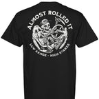 White Comfort Colors t-shirt featuring the Skelly skeleton graphic driving a rock crawler with the left rear tire climbing a technical ledge. - Garment-dyed Comfort Colors t-shirt featuring the Skelly LRHS skeleton rock crawling graphic from Almost Rolled It. - BLACK - BACK