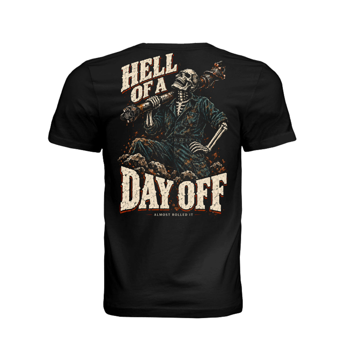 Day Off tee in Vintage Black, back flat lay showing Hell of a Day Off and a skeleton mechanic carrying a driveshaft.
