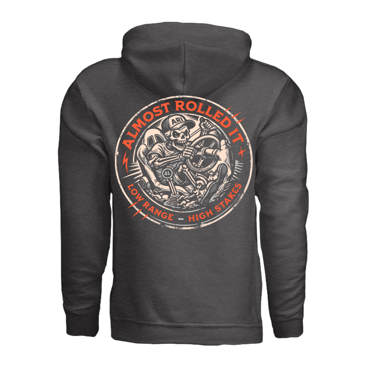 ARI Skull Driver Hoodie in Charcoal Heather, supplier back view. | ndm:3261171