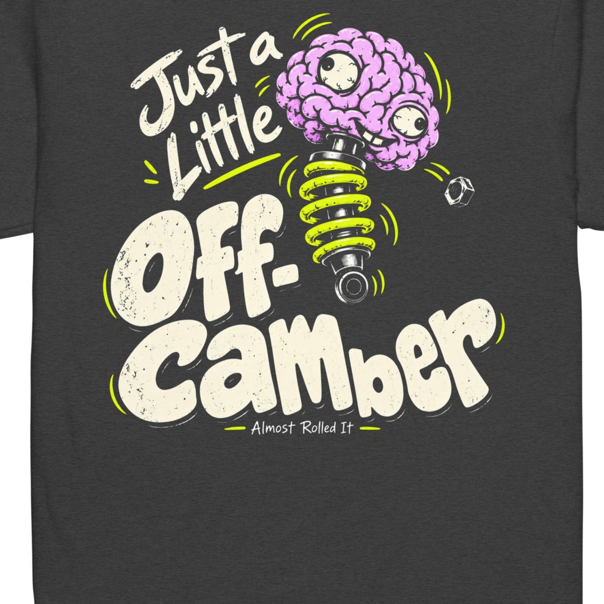 Off-Camber Tee in Charcoal — artwork detail cropped from supplier mockup; not a physical print sample.