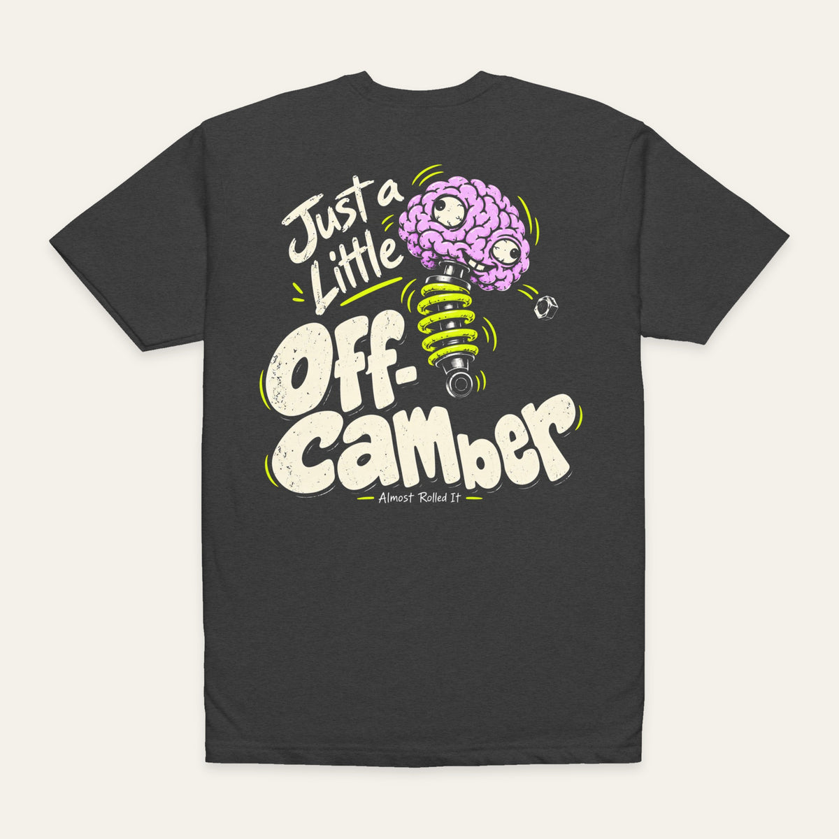 Off-Camber Tee in Charcoal — back flat lay. Supplier-derived product mockup; artwork and placement preserved.