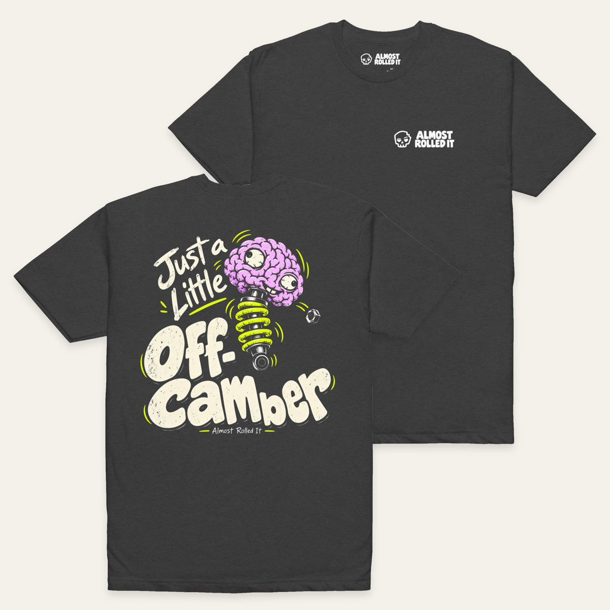 Off-Camber Tee in Charcoal — paired flat lay, back lower left and front upper right. Supplier-derived product mockup.