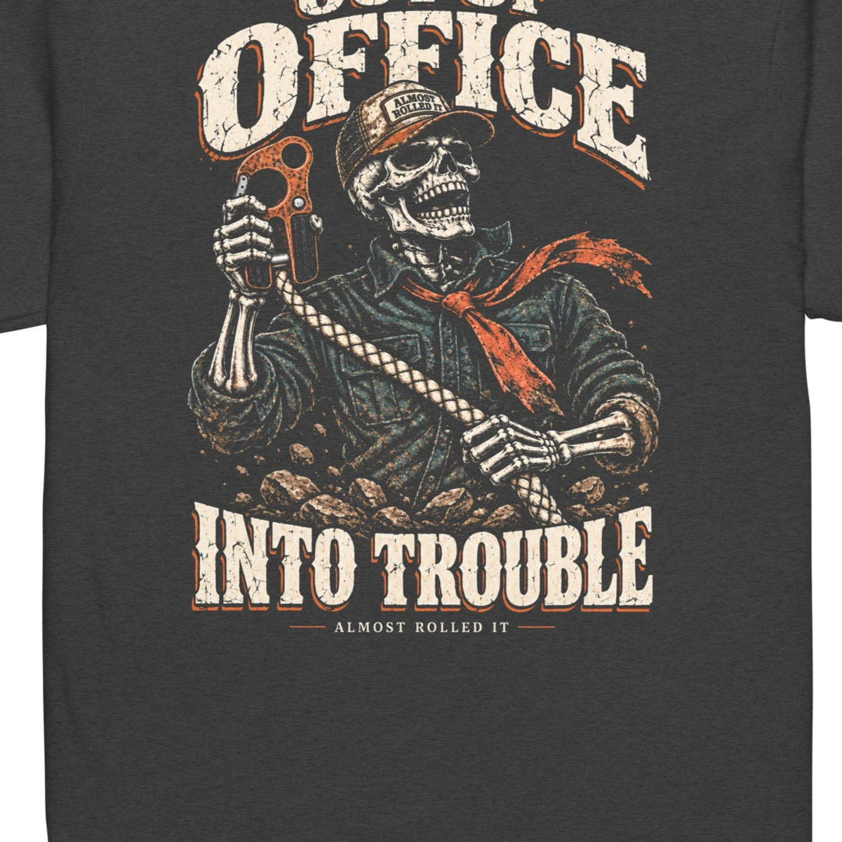 Out of Office Tee in Charcoal — artwork detail cropped from supplier mockup; not a physical print sample.