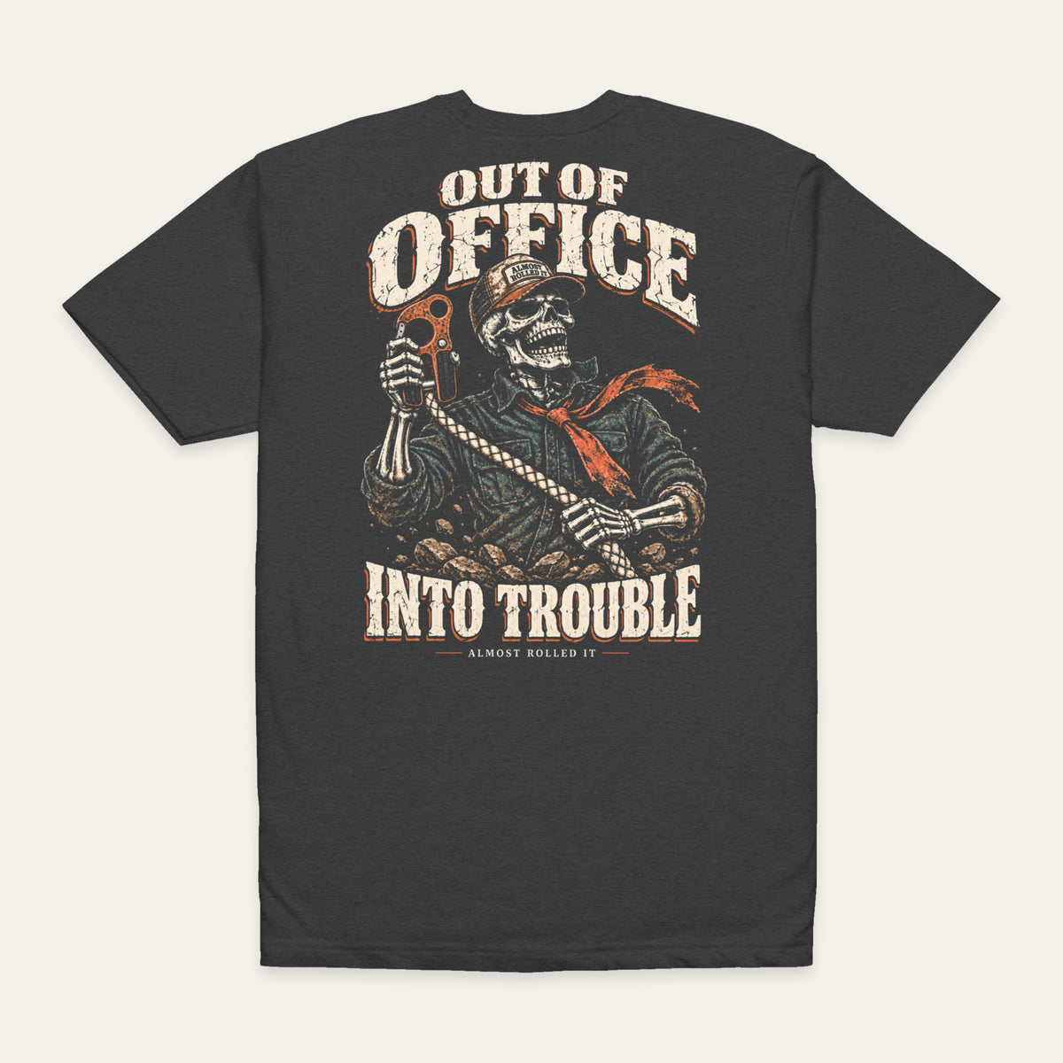 Out of Office Tee in Charcoal — back flat lay. Supplier-derived product mockup; artwork and placement preserved.
