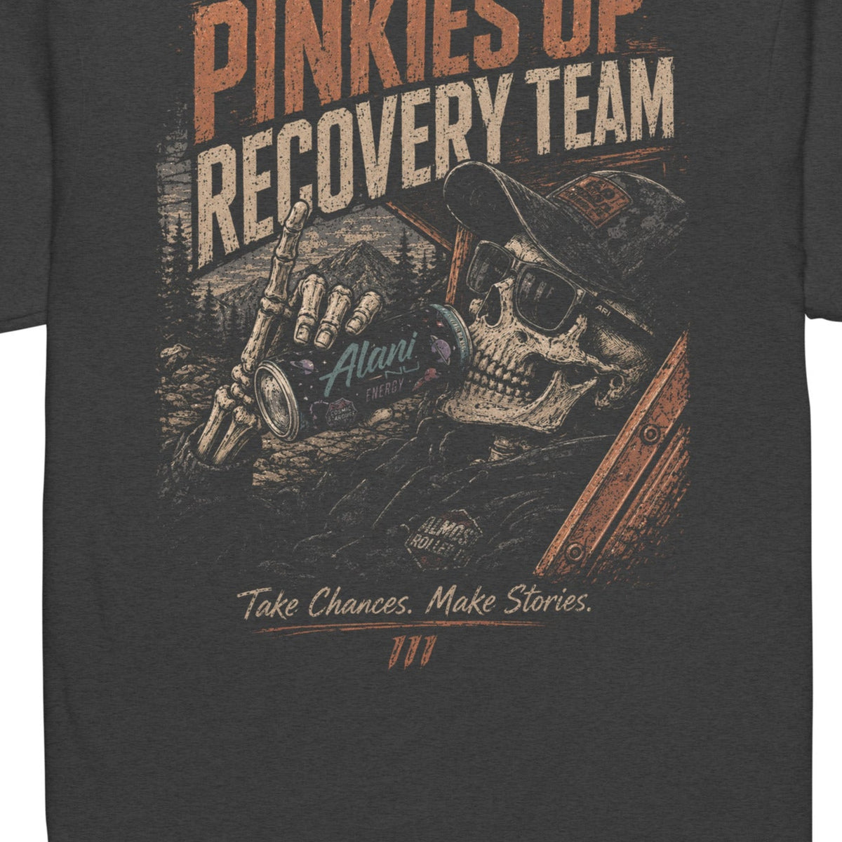 Pinkies Up Recovery Team Tee in Charcoal — artwork detail cropped from supplier mockup; not a physical print sample.