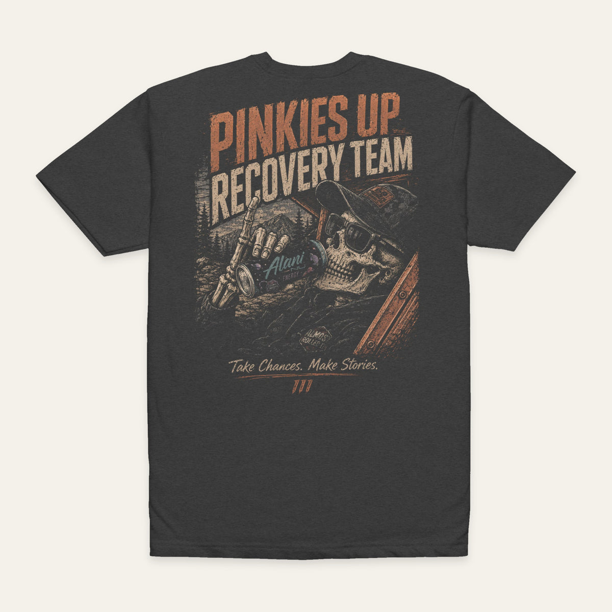 Pinkies Up Recovery Team Tee in Charcoal — back flat lay. Supplier-derived product mockup; artwork and placement preserved.