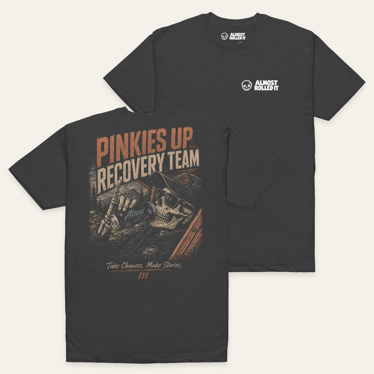 Pinkies Up Recovery Team Tee in Charcoal — paired flat lay, back lower left and front upper right. Supplier-derived product mockup.