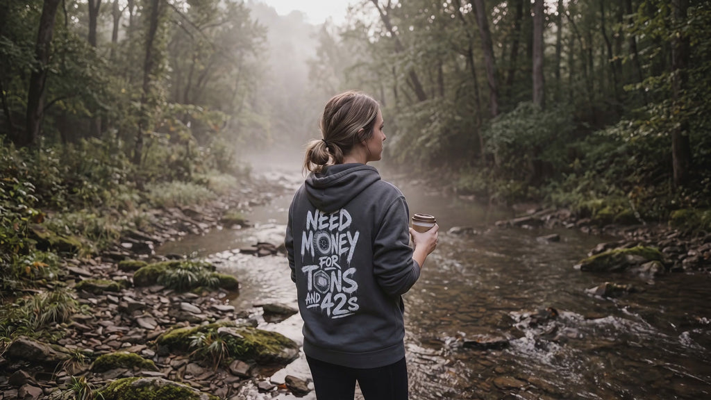 Creek water and mist moving behind a woman in the asphalt Tons & 42s hoodie