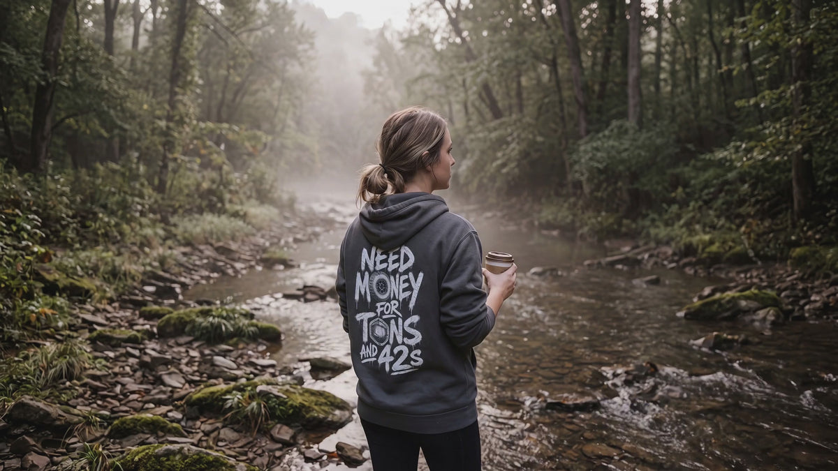 Creek water and mist moving behind a woman in the asphalt Tons & 42s hoodie