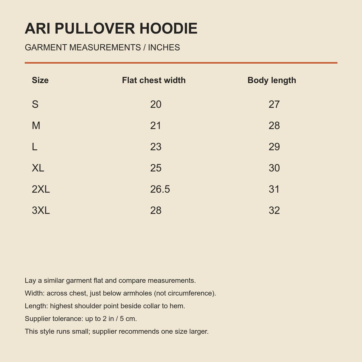 ARI Pullover Hoodie — size guide in inches, flat garment width and body length; not body measurements.