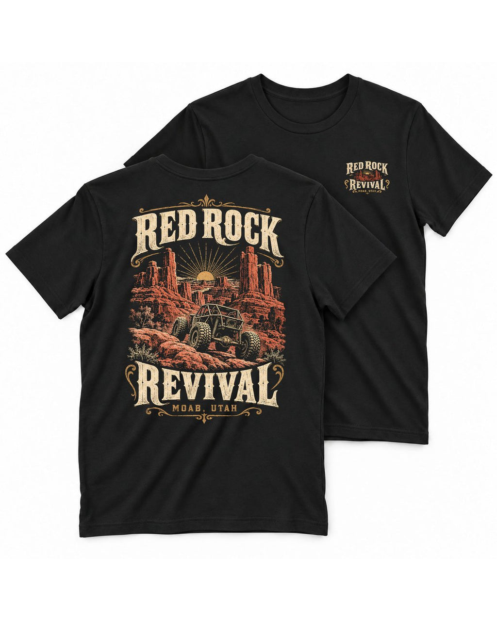 Red Rock Revival Vintage Black tee mockup, paired front and back with the large back design shown in front
