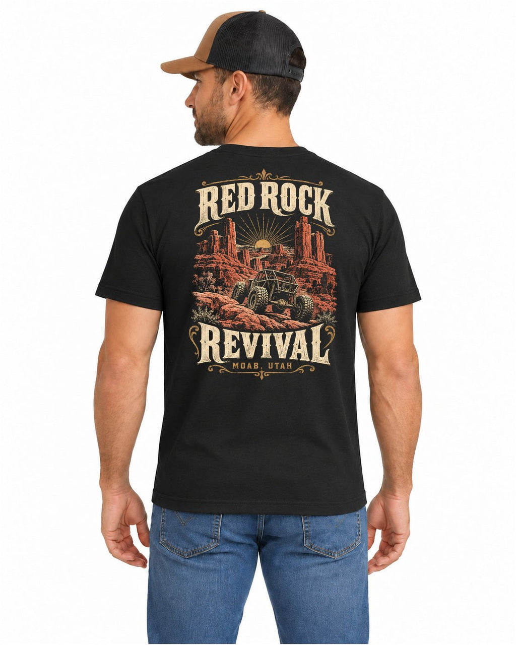 Red Rock Revival Vintage Black tee studio mockup, male back view
