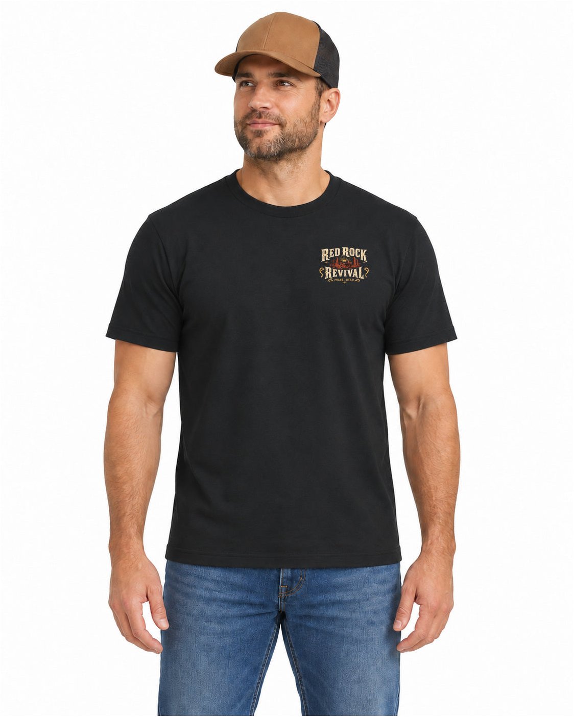 Red Rock Revival Vintage Black tee studio mockup, male front view with small left chest print