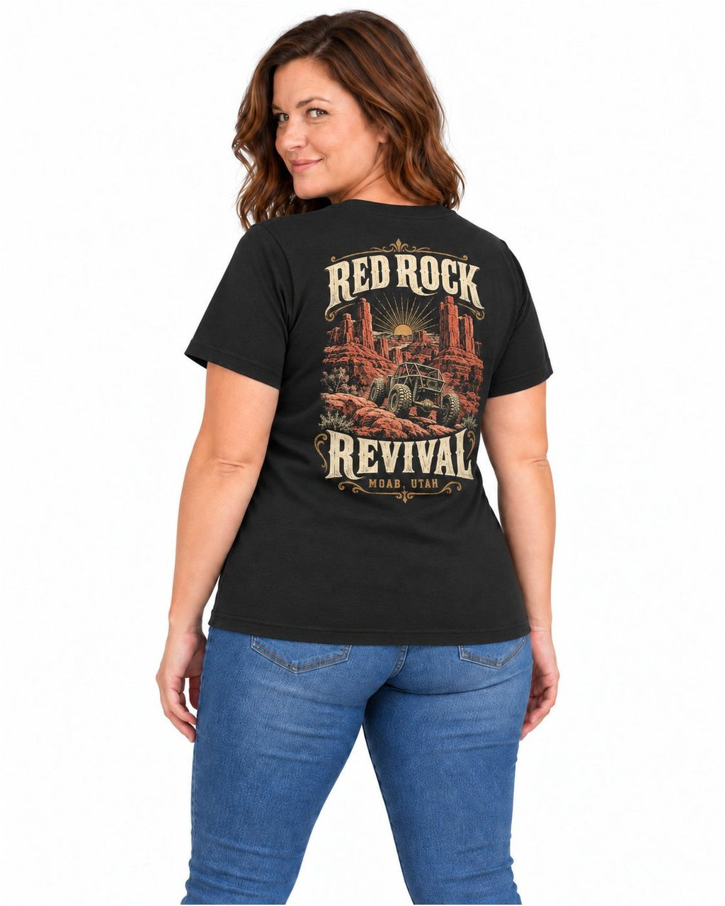 Red Rock Revival Vintage Black unisex tee studio mockup, female back view