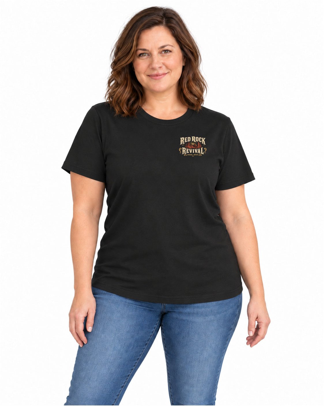 Red Rock Revival Vintage Black unisex tee studio mockup, female front view with small left chest print