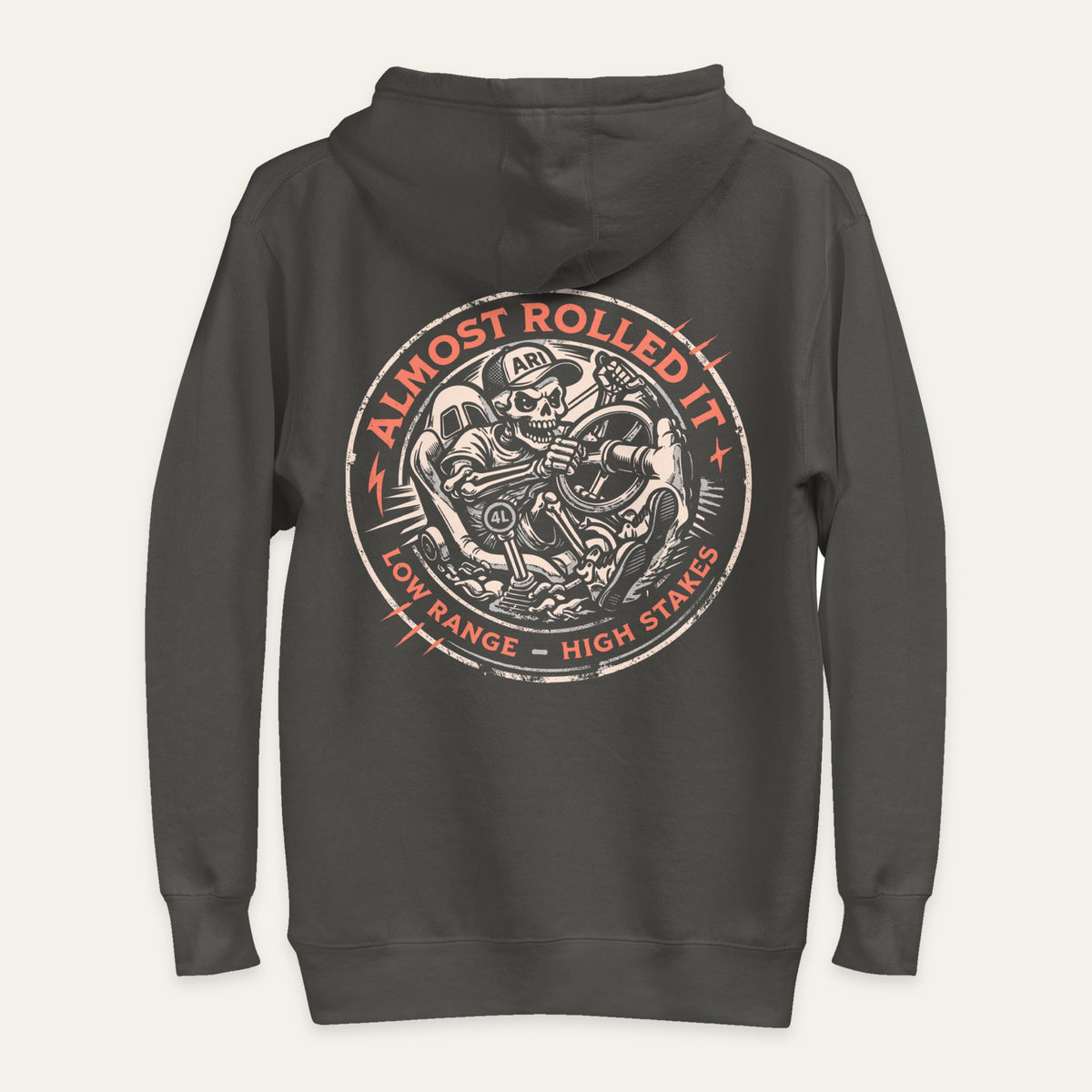 Skull Driver Hoodie in Vintage Black — back flat lay. Supplier-derived product mockup; artwork and placement preserved.