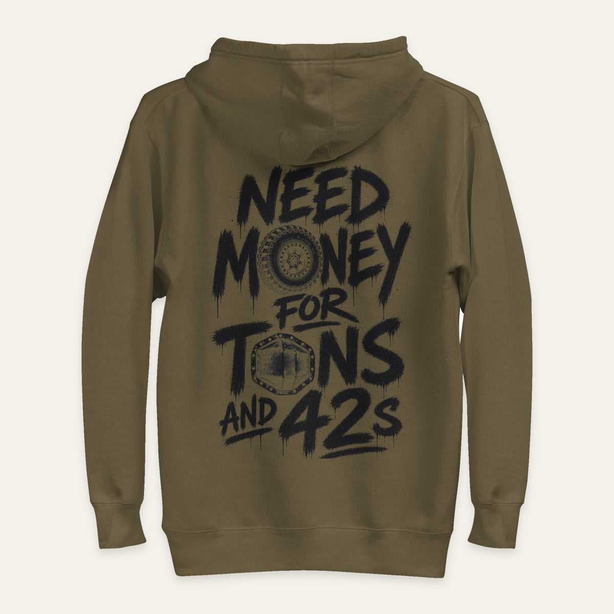Tons and 42s Hoodie — Black Print in Military Green — back flat lay. Supplier-derived product mockup; artwork and placement preserved.
