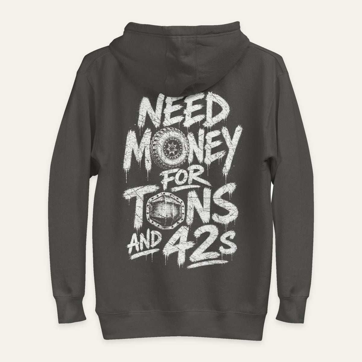 Tons and 42s Hoodie in Vintage Black — back flat lay. Supplier-derived product mockup; artwork and placement preserved.