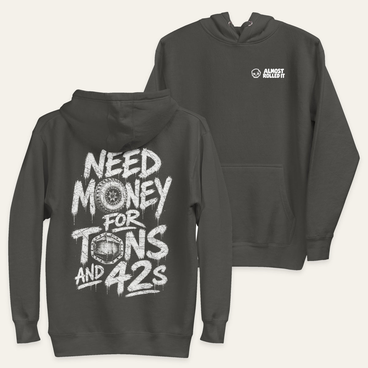 Tons and 42s Hoodie in Vintage Black — paired flat lay, back lower left and front upper right. Supplier-derived product mockup.
