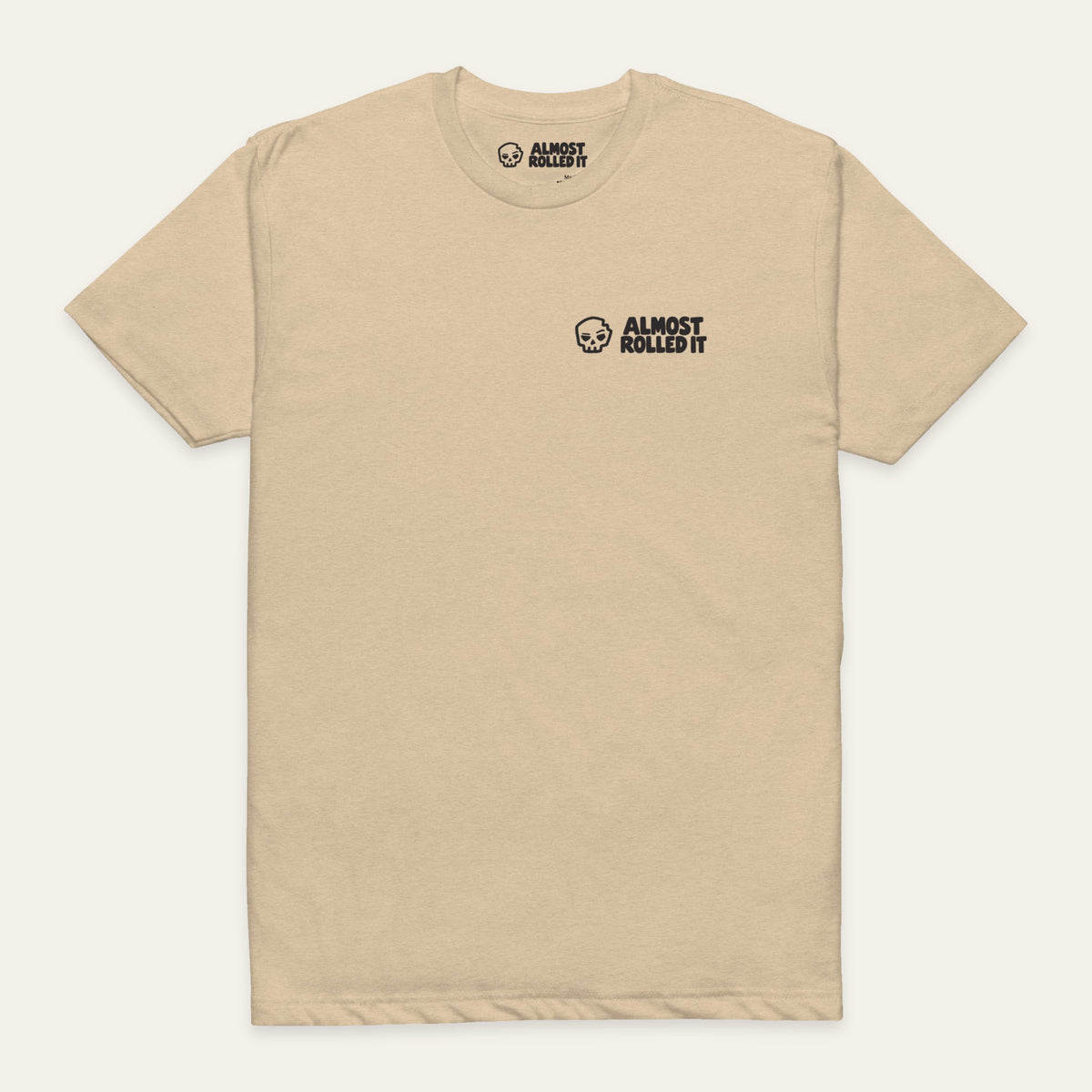 ARI Core Tee in Heather Tan — front flat lay. Supplier-derived product mockup; chest artwork and placement preserved.