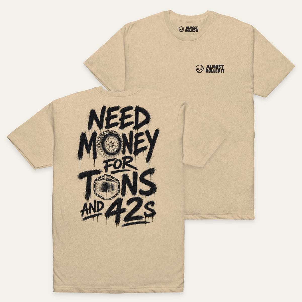 Tons and 42s Tee — Black Print in Heather Tan — paired flat lay, back lower left and front upper right. Supplier-derived product mockup.