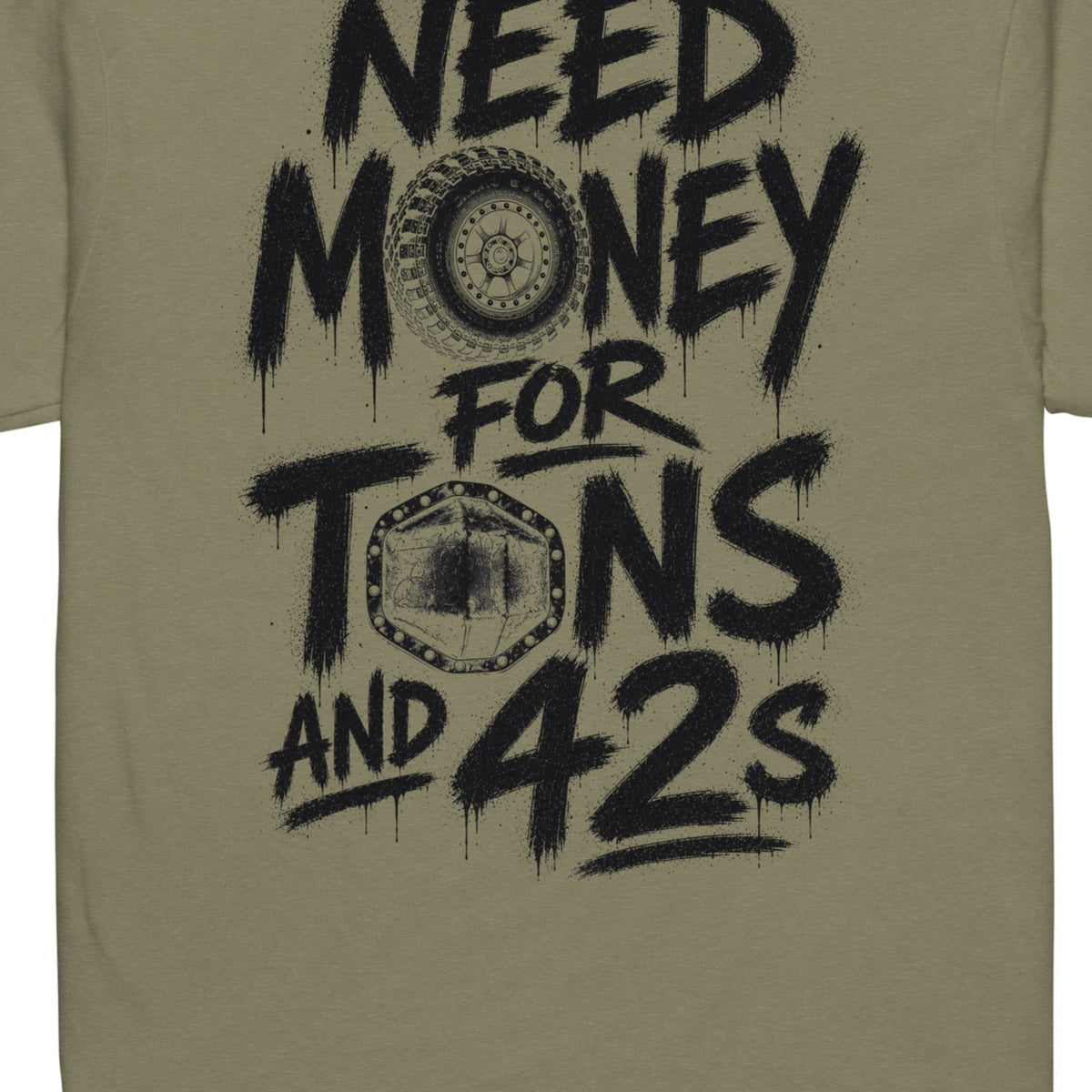 Tons and 42s Tee — Black Print in Military Green — artwork detail cropped from supplier mockup; not a physical print sample.