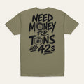 Tons and 42s Tee — Black Print in Military Green — back flat lay. Supplier-derived product mockup; artwork and placement preserved.