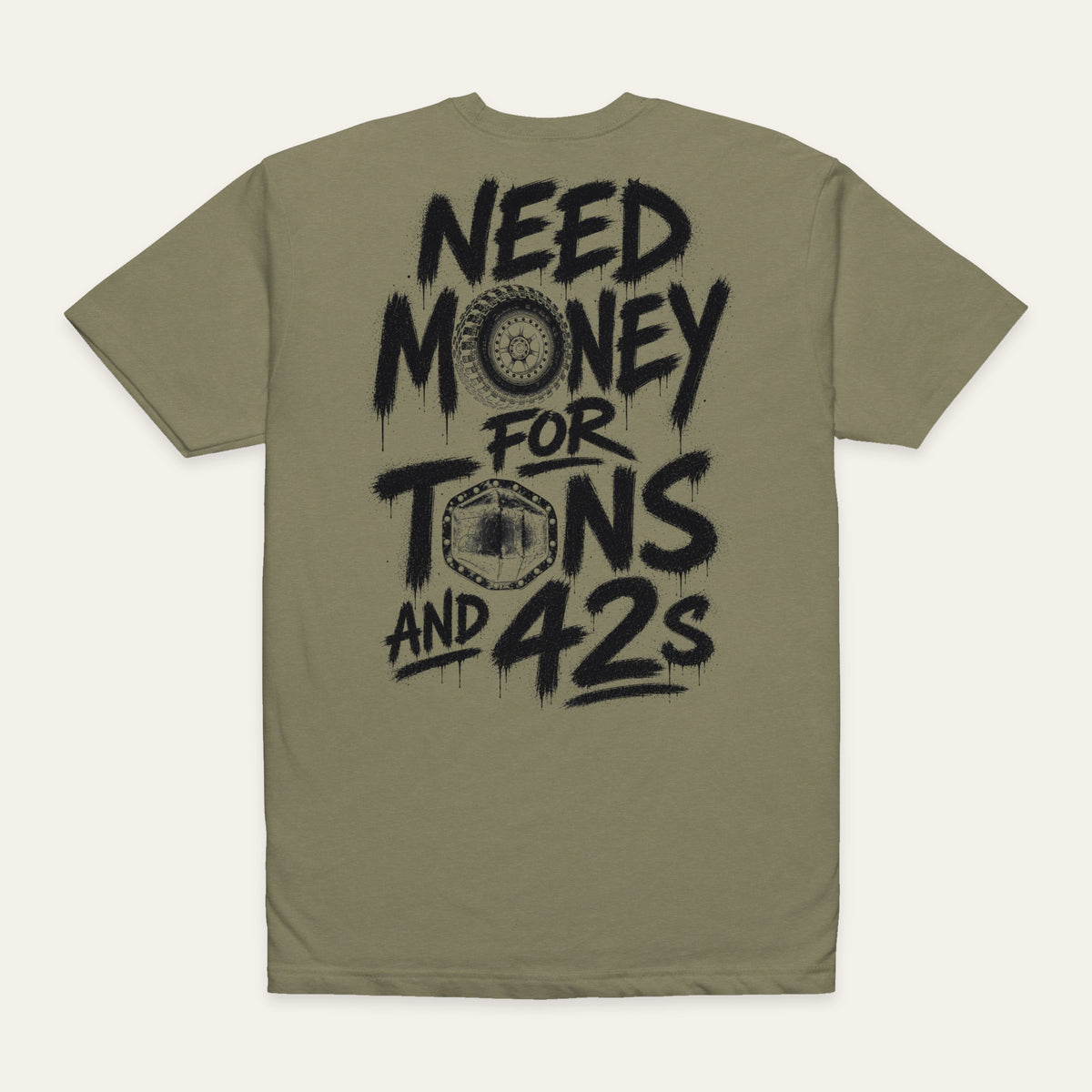 Tons and 42s Tee — Black Print in Military Green — back flat lay. Supplier-derived product mockup; artwork and placement preserved.