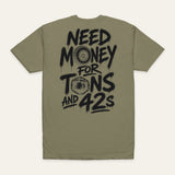 Tons and 42s Tee — Black Print in Military Green — back flat lay. Supplier-derived product mockup; artwork and placement preserved.