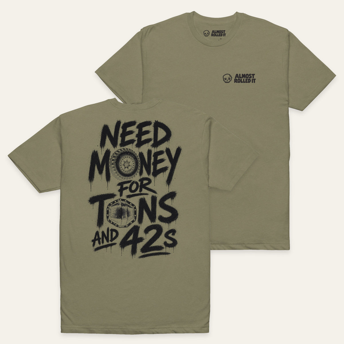 Tons and 42s Tee — Black Print in Military Green — paired flat lay, back lower left and front upper right. Supplier-derived product mockup.