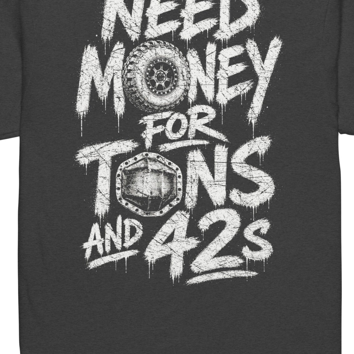 Tons and 42s Tee in Charcoal — artwork detail cropped from supplier mockup; not a physical print sample.