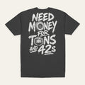 Tons and 42s Tee in Charcoal — back flat lay. Supplier-derived product mockup; artwork and placement preserved.