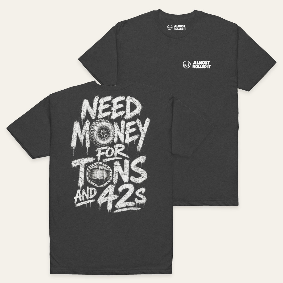 Tons and 42s Tee in Charcoal — paired flat lay, back lower left and front upper right. Supplier-derived product mockup.