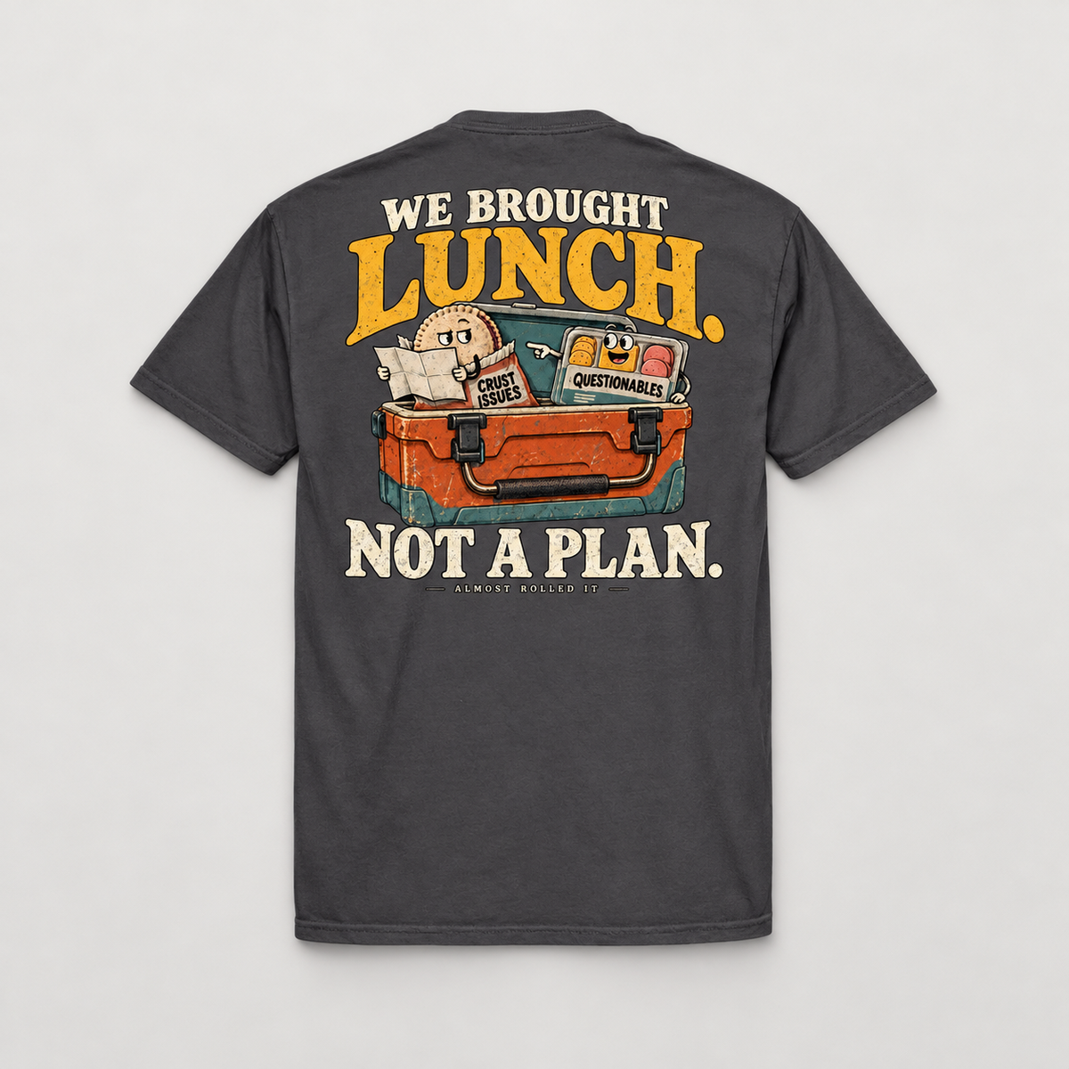 Wheelin' and Mealin' Ice Blue tee, paired front and back flat lay showing the chest mascot and full back print