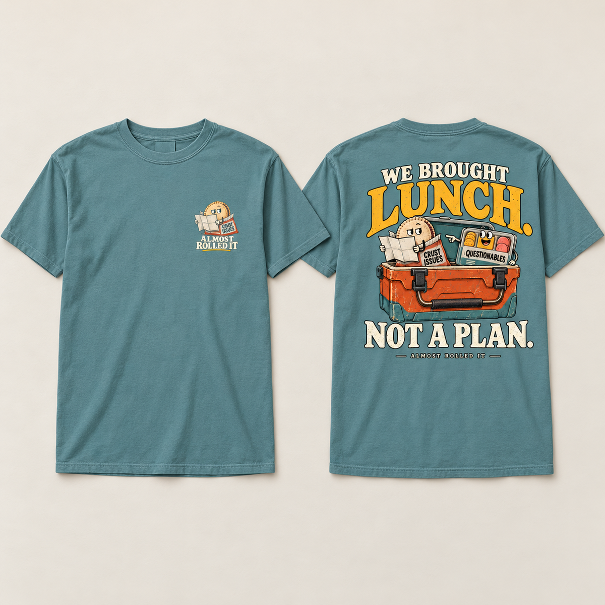 Wheelin' and Mealin' Ice Blue tee, paired front and back flat lay showing the chest mascot and full back print